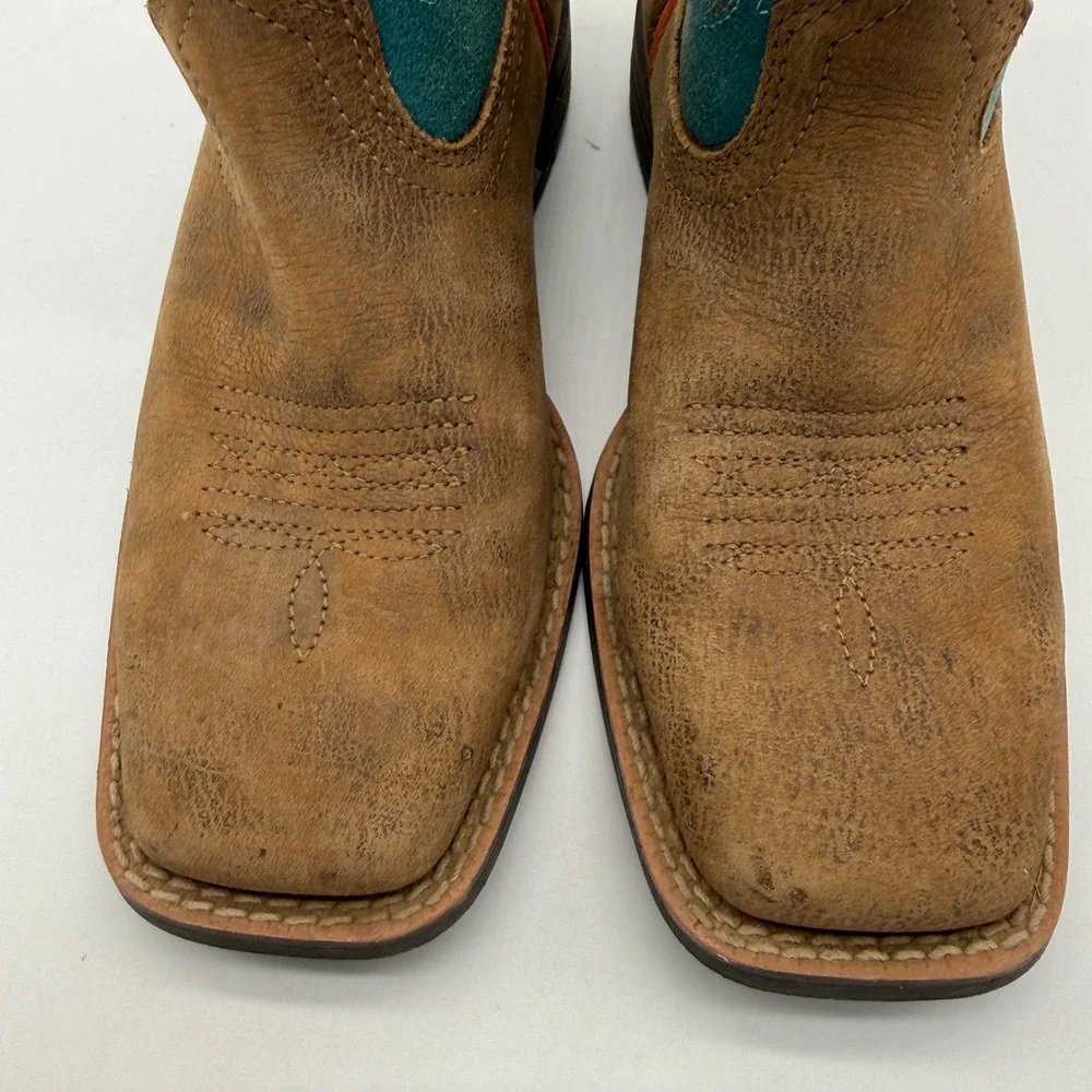 Ariat Western Boots Kids Size 1 Brown Teal 10053621 Square Toe Leather Cowboy